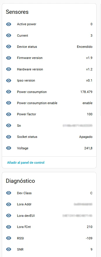 Entities of a LoRaWAN smart plug created automatically in Home Assistant