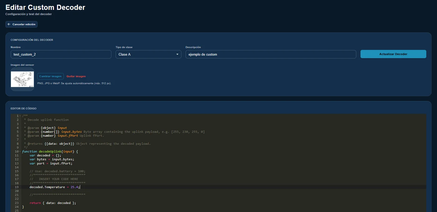 Custom decoder editor with syntax highlighting and built-in testing
