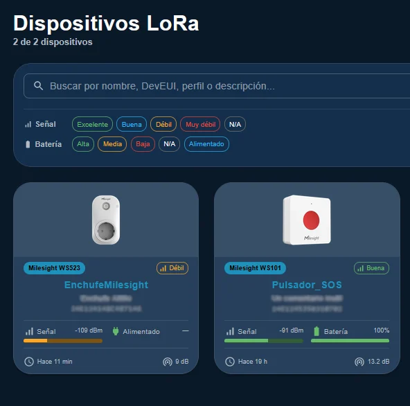 LONTRA panel: list of LoRa devices as cards with signal and battery