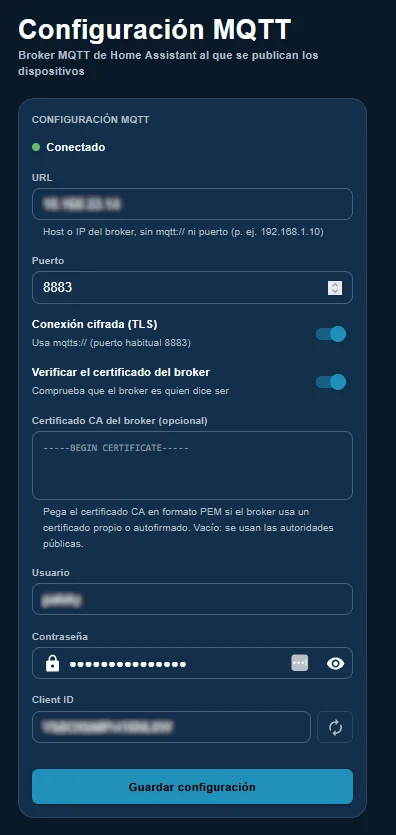 MQTT settings with TLS-encrypted connection and certificate verification